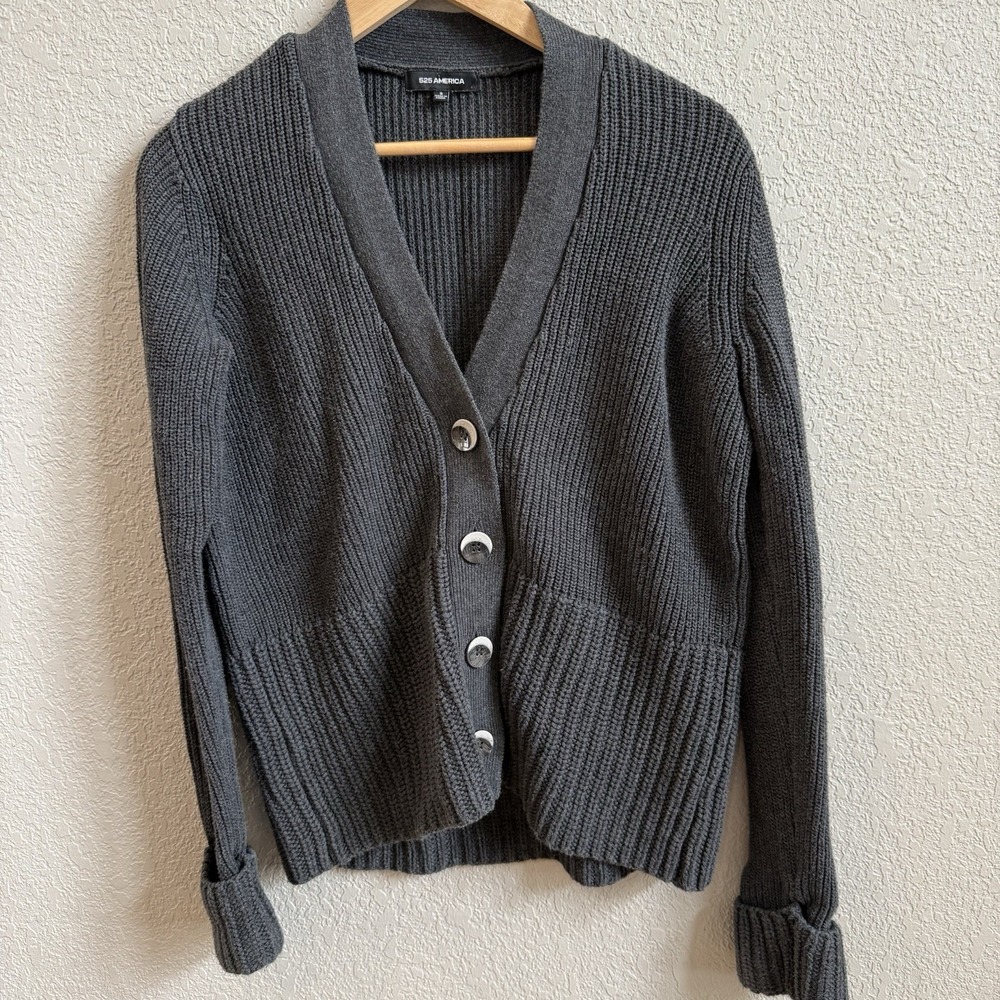 525 America Women's Small Long Cuff Sleeve Boxy Dark Gray 100% Cotton Cardigan